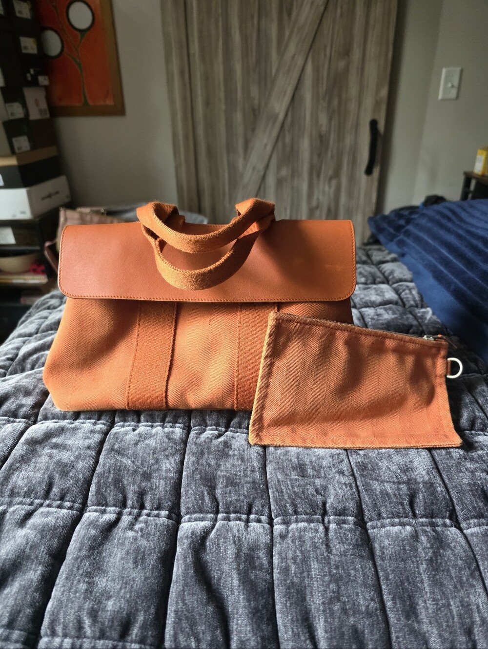 Hermes Orange Canvas Satchel with Matching Pouch